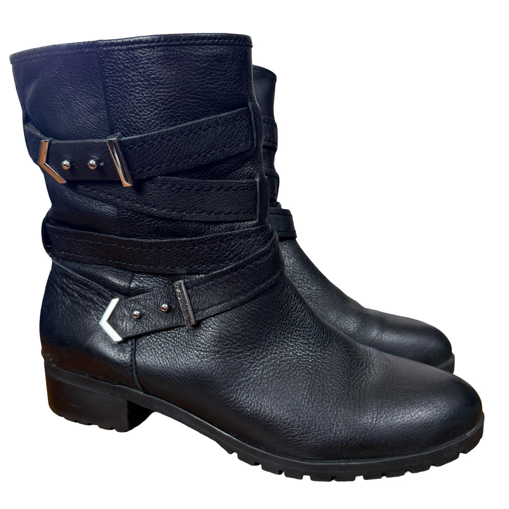 Essex Lane Macey Real Leather Black Moto Womens Boots Rubber Sole sz 8 M